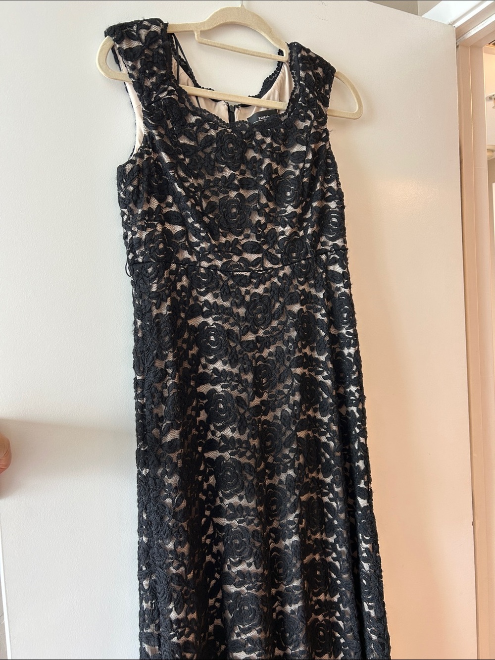 R&M Richards Black Floral Lace Maxi Dress with Nude Lining